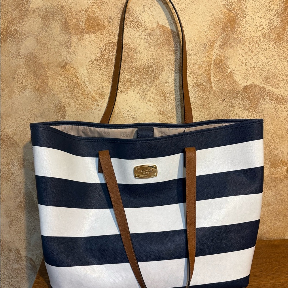 Navy and White Striped Michael Kors Tote Bag